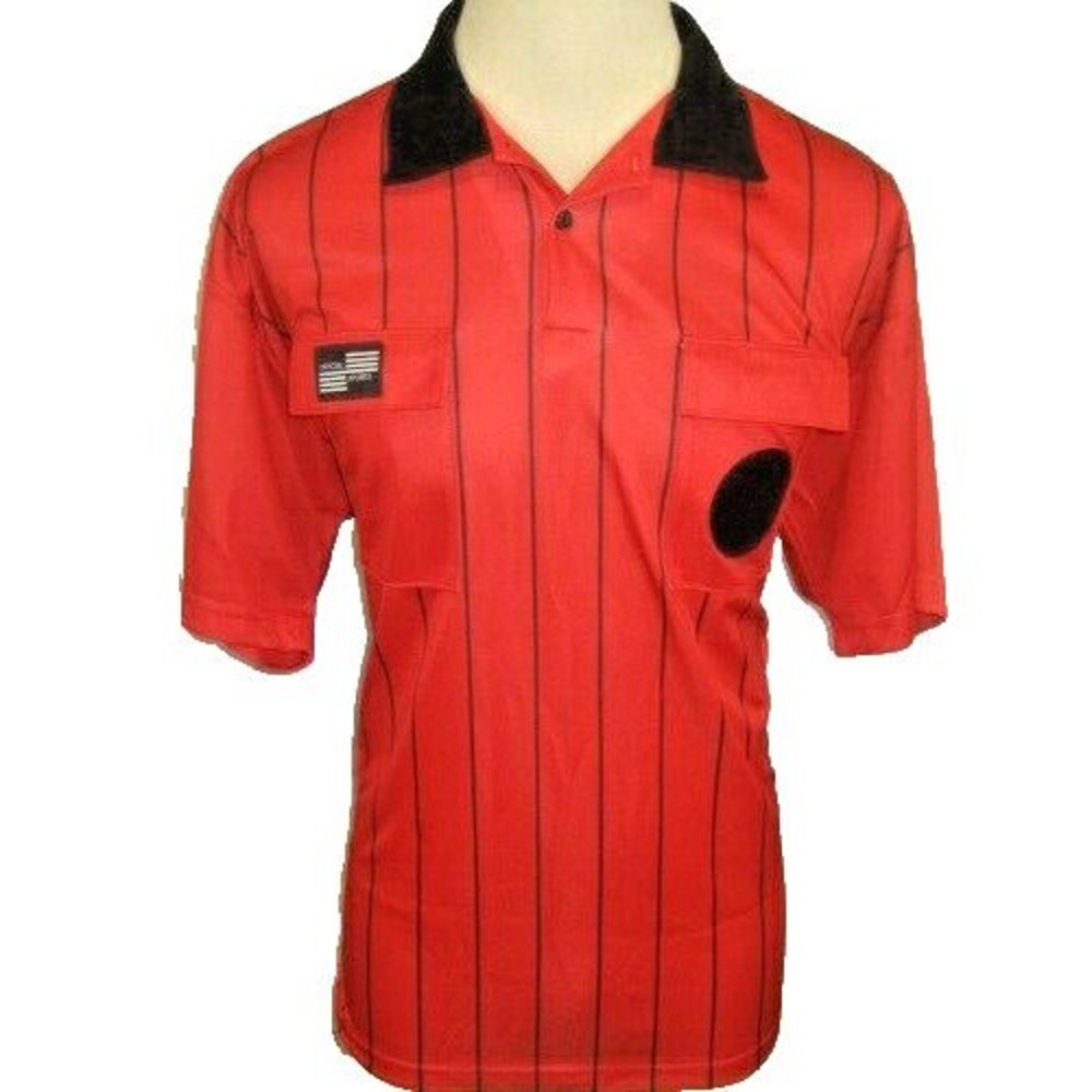 Mens NWOT Official Sports SS Red Stripe Soccer Futbol Referee Shirt sz L